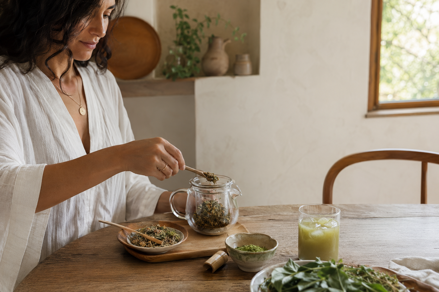 Person preparing herbal tea in a Mediterranean kitchen